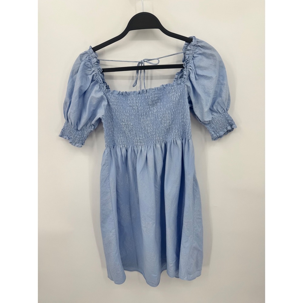 Hill House Nap Dress Women Medium Light Blue Metallic Smocked Puff Sleeve Mini